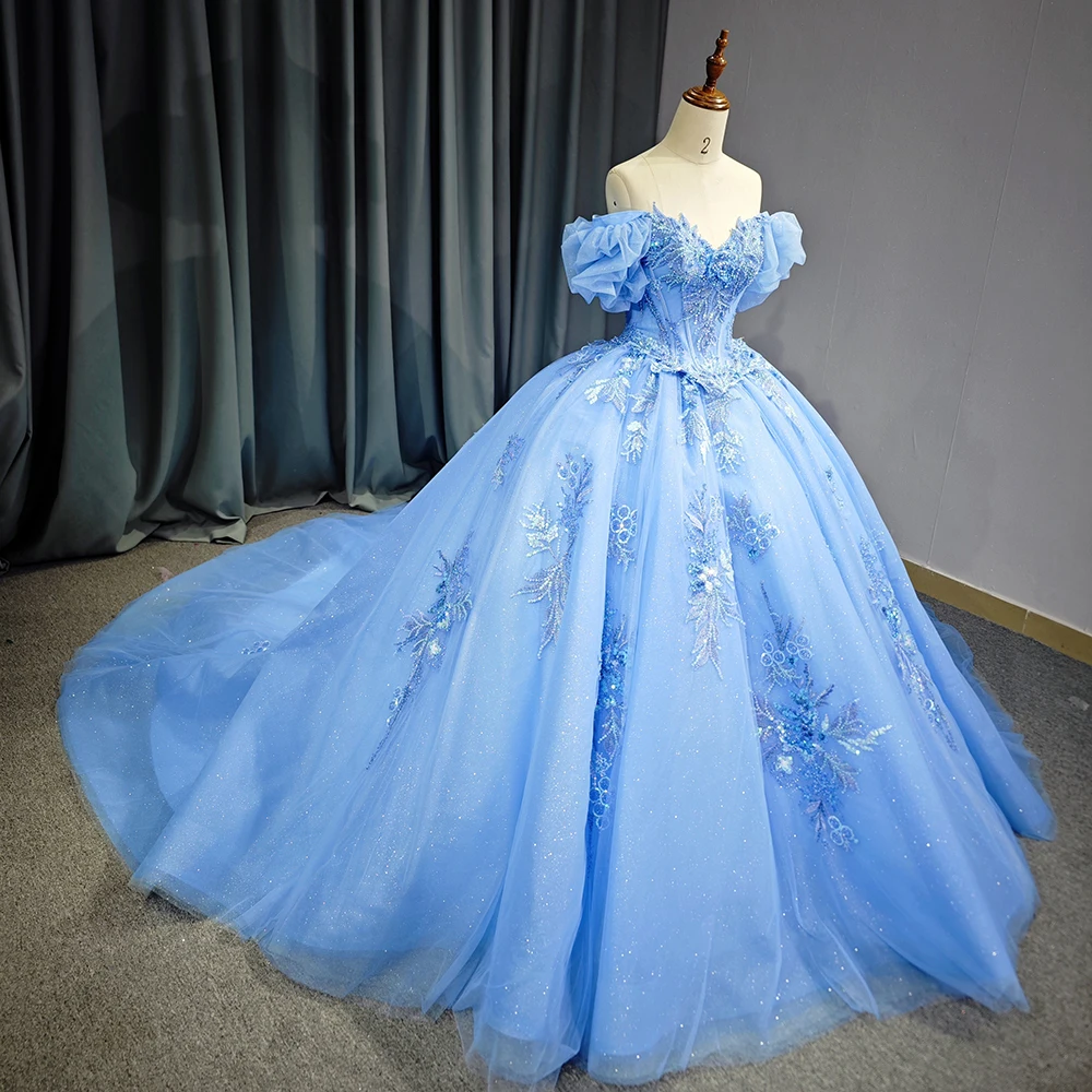 Blue Sweet 16 Quinceanera Dresses off Shoulder Puffy Ball Gown