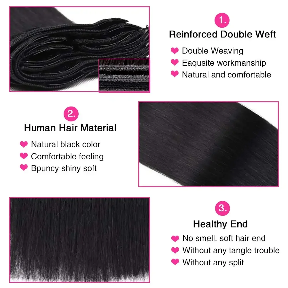Gerade Clip-In-Haarverlängerungen, Echthaar, brasilianisches Naturschwarz, 10-26 Zoll, Remy-Haar, 120 g_voghion.com