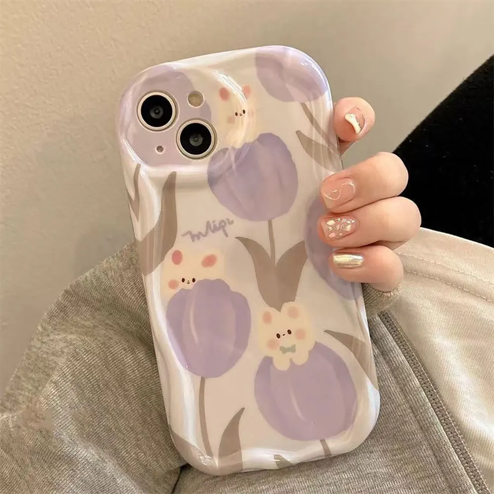 Laudtec Sjk725 Cute Rabbit Phone Case Stereoscopic Ripple Purple Camera Lens Protection For Iphone 16 15 14 13 12 Plus Pro Max