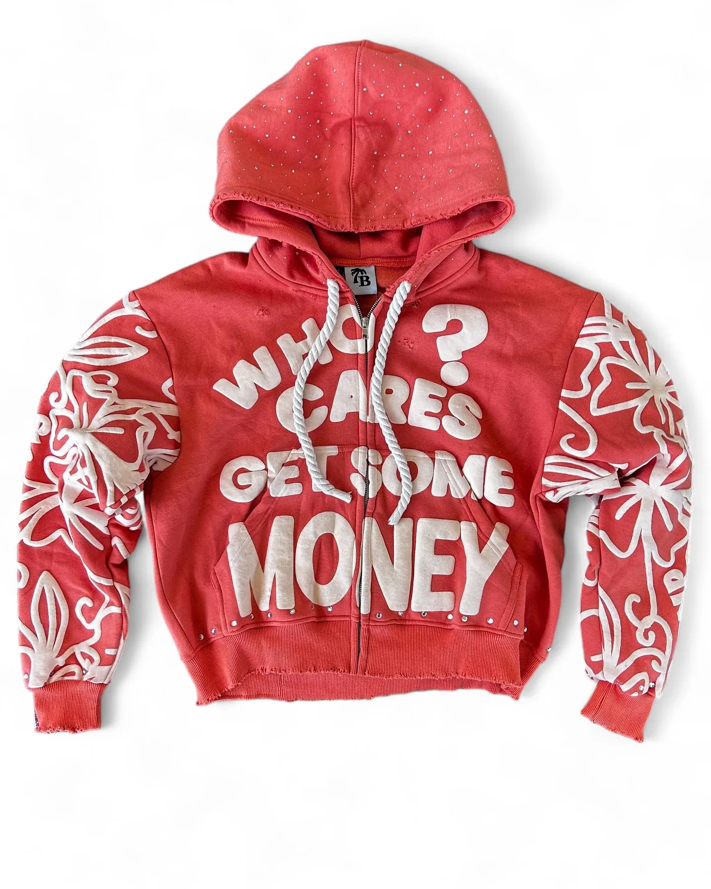Custom Men Heavy Weight Boxy Distressed Cropped Rhinestone Pullover Oversized Acid Wash Puff Printing  Zip up Hoodie