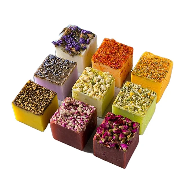 Wholesale Private Label Herbal Essential Oil Natural facial Soap multi-scent cube soap with dry flower 110g