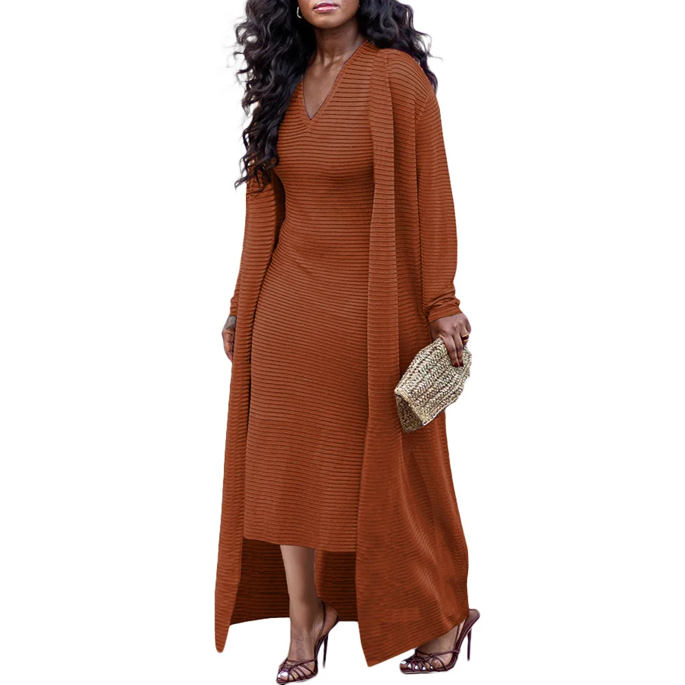Bn320 Trendy 2024 Solid Color Stretch Cape Coat + Slim V-Neck Skirt 2-Piece  Dress Set