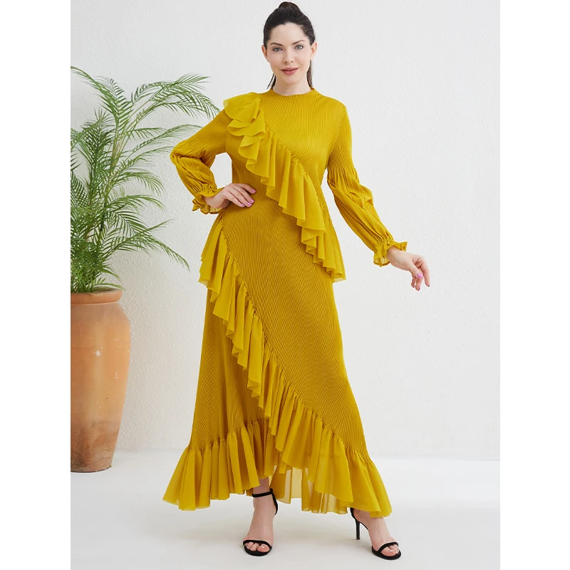 Wholesale casual dresse printed pleated long fashion modest loose long gown for ladies dress elegant pleated clothes wing dresses for women,2 Pieces
