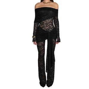 2026 Spring Women Sexy Jumpsuits Lace See Through Long Sleeve Off-shoulder High Waist Skinny Casual Holiday Tights Women