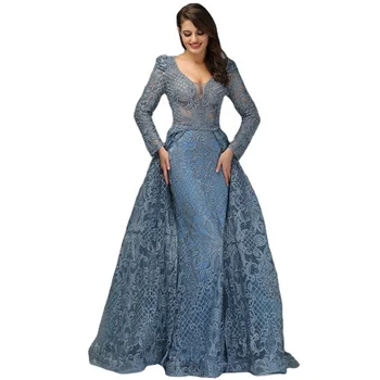 Blue Beaded Mermaid Evening Dresses Serene Hill LA70159 Women V Neck Long Sleeves Plus Size Over Skirt Party Gowns
