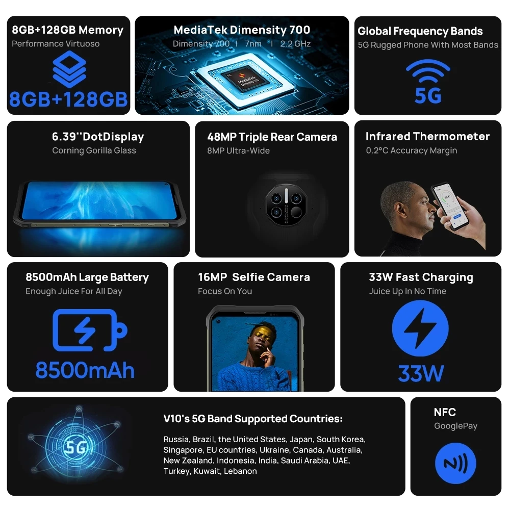 DOOGEE V10 Dual 5G глобальная версия прочный телефон 8500 мАч батарея 48MP Автомобильная камера заднего вида 6 39