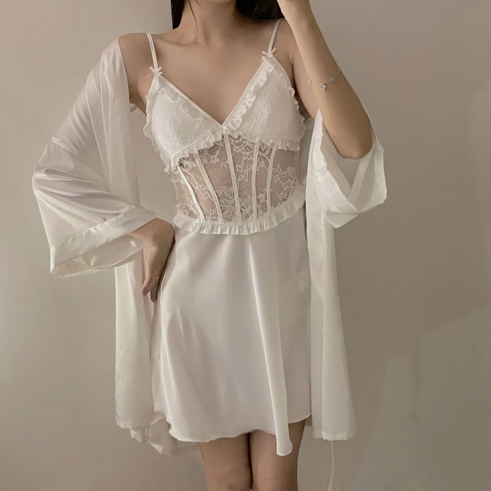 Solid Color Two Pieces Lace Embroidered Sleepwear Robe Set Sexy Marriage Bridal Robe Elegant Silk Satin Pajamas for Women