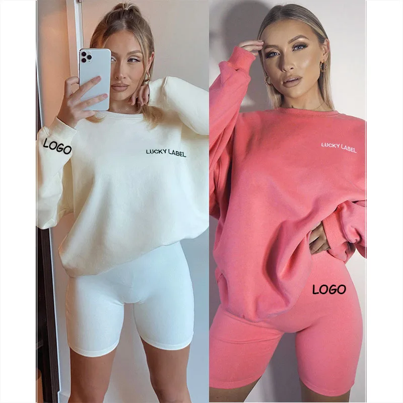 Free Shipping  Logo Latest Design Lady Pullover Hoodies Women Long Sleeve lucky label two-piece set