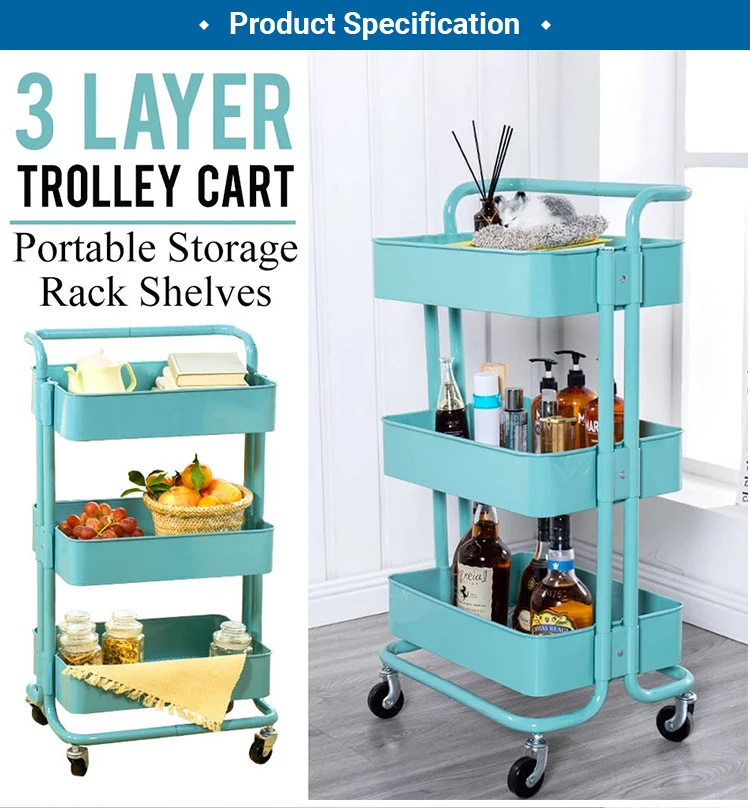 3-Tier Rolling Utility Cart Mobile Storage Organizer Trolley Cart Rack Kitchen