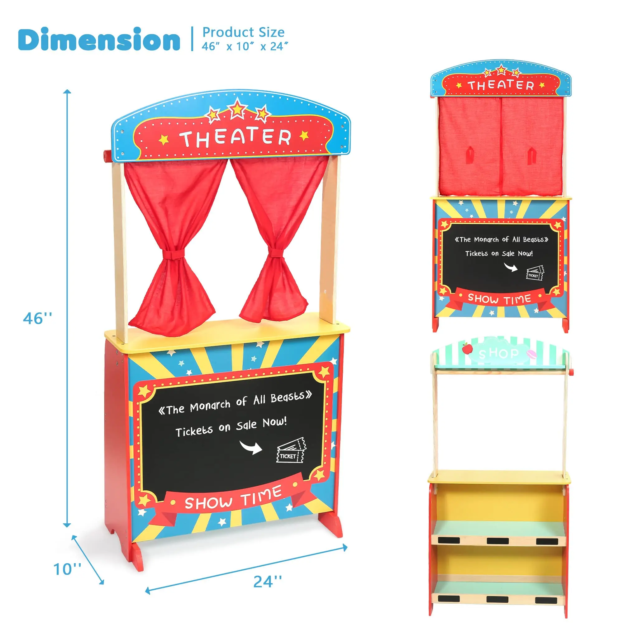 New Design Double-sided Puppet Stage With Chalkboard role Play Fruit Display Shop Kids Wooden Pretend Theatre