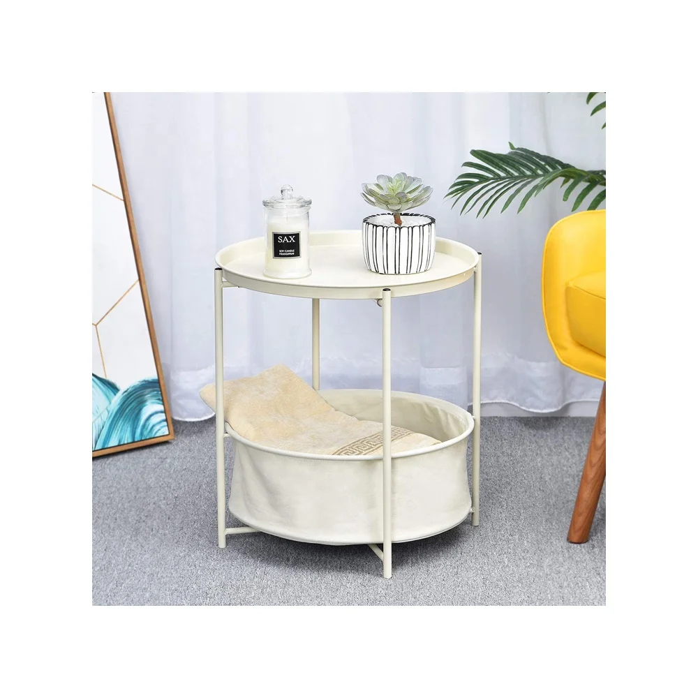 New Metal Nightstand End Table Coffee Round Table With Detachable Tray Top And Fabric Storage Basket Buy Coffee Round Table