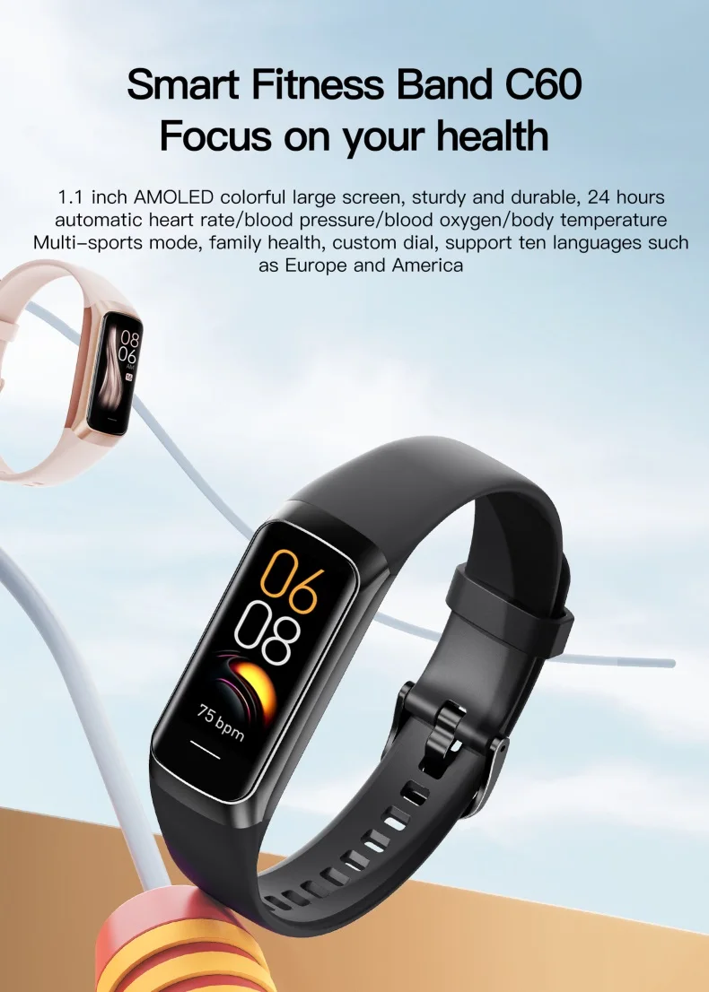 Cheap AMOLED Smart Bracelet C60 Heart Rate Blood Pressure Oxygen Body Temperature Call Message Reminder C60 Smart Band