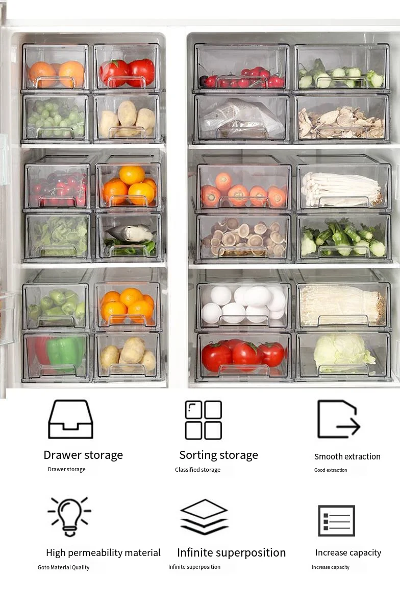 Refrigerator storage box Drawer type can stack fruit and vegetable finishing pull type storage transparent drawer box supplier