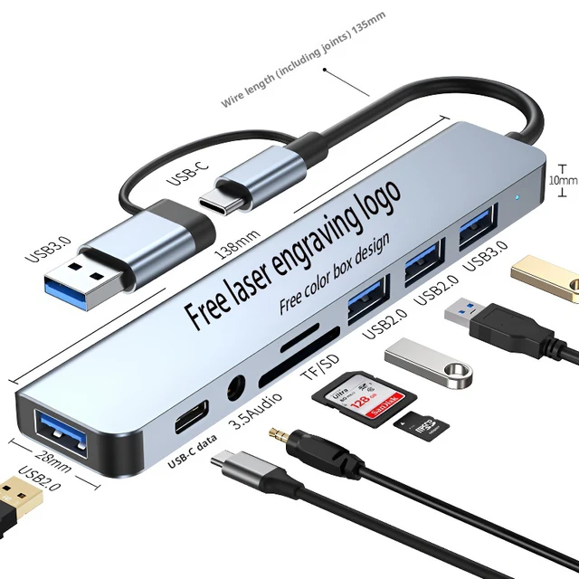 Hot sales High quality Double headed 8 in 1 Type-C Hub Multiport Dock Station USB3.0 Hubs