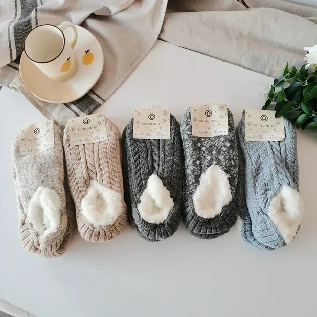 Женские, женские, дамские зимние вязаные носки-тапочки с плюшевой подкладкой из шерпы