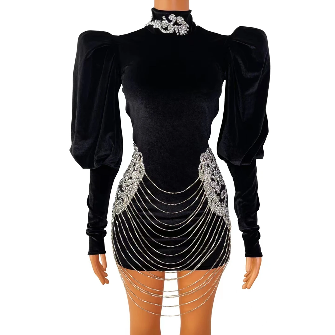 Fancy Elegant Puff Sleeve Black Velvet Dinner Gown Rhinestone Tassel  Evening Wedding Guest Dress Women Mini Cocktail Club Dress