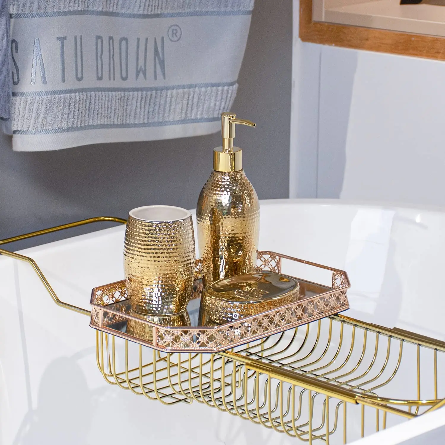 Gold Ceramic Bathroom Accessories Set 3 Piece Decorative Porcelain Bath