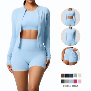 Women's Casual Yoga Set Long Sleeve Zipper Jacket Pocket Shorts Solid Pattern Breathable Three-Piece Set 'New Naked Feeling'