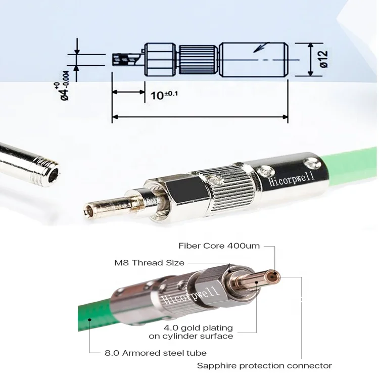 D80 Fiber Optic Cable with 200μm to 800μm Core Diameters Featuring Sapphire and Air Gap Protection and Precisely Polished D80 Fiber Connectors