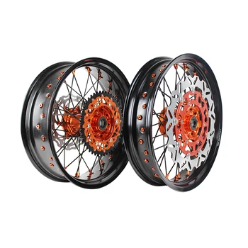 New Trend Dirt BIke Supermoto Wheelset With Aluminum Alloy With Black Rims And Orange Hubs Supermoto WheelsKTM EXC 450