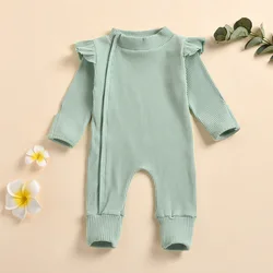 Baby Girl Rompers Newborn Ribbed Long sleeve Jumpsuit with Zipper Solid Color Bodysuit for 0-18m
