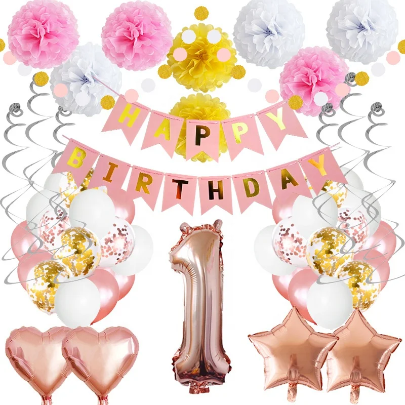 Decorations Pour Premier Anniversaire De Petite Fille 1 Piece Ballon Numerique En Aluminium Banniere Pompon En Papier Pour La Decoration S010 Buy Theme Rose Pour La Fete De Bebe Fille Ballon Coeur Et Etoile De 18 Pouces Ballon