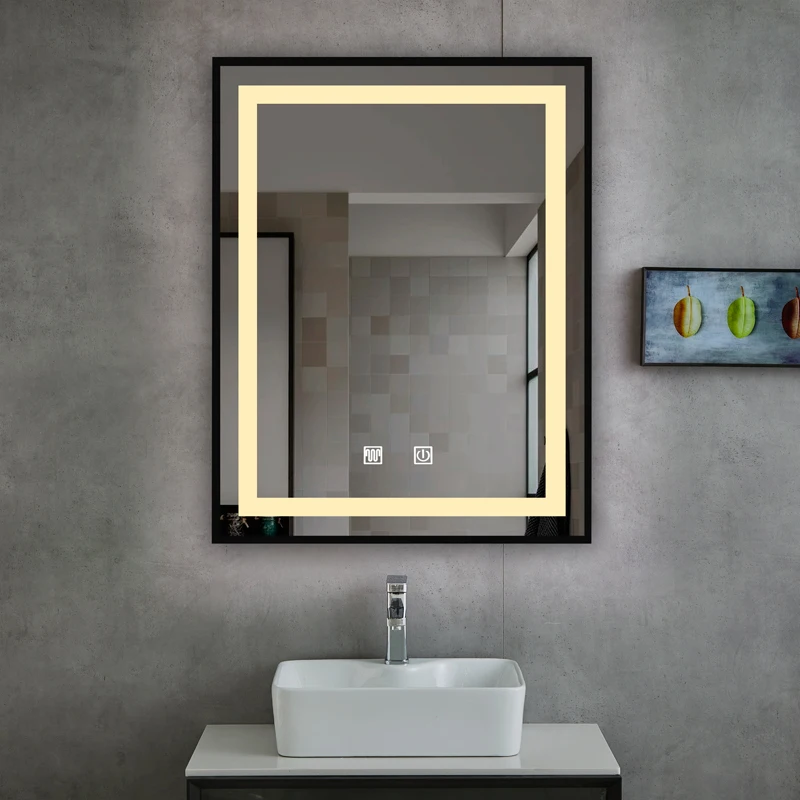 product custom fancy smart led waterproof rectangle wall mounted mirrors hotel led bathroom mirrors with time for hotel-1