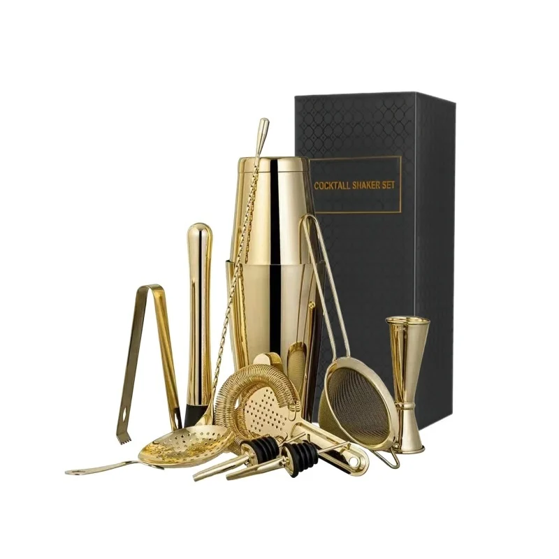 Factory Wholesale 11 Pcs Rose Gold Plated Stainless Steel Boston Bar Set Bartender Kit Reusable Cocktail Accessories Shaker Set with Custom Logo