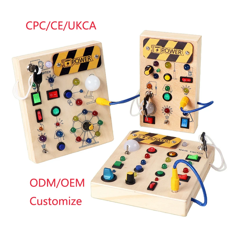 Qiaike High Quality Natural Wood Busy Board Toys Kid Custom Educational Montessori Activity Sensory Switch LED Light for Toddler