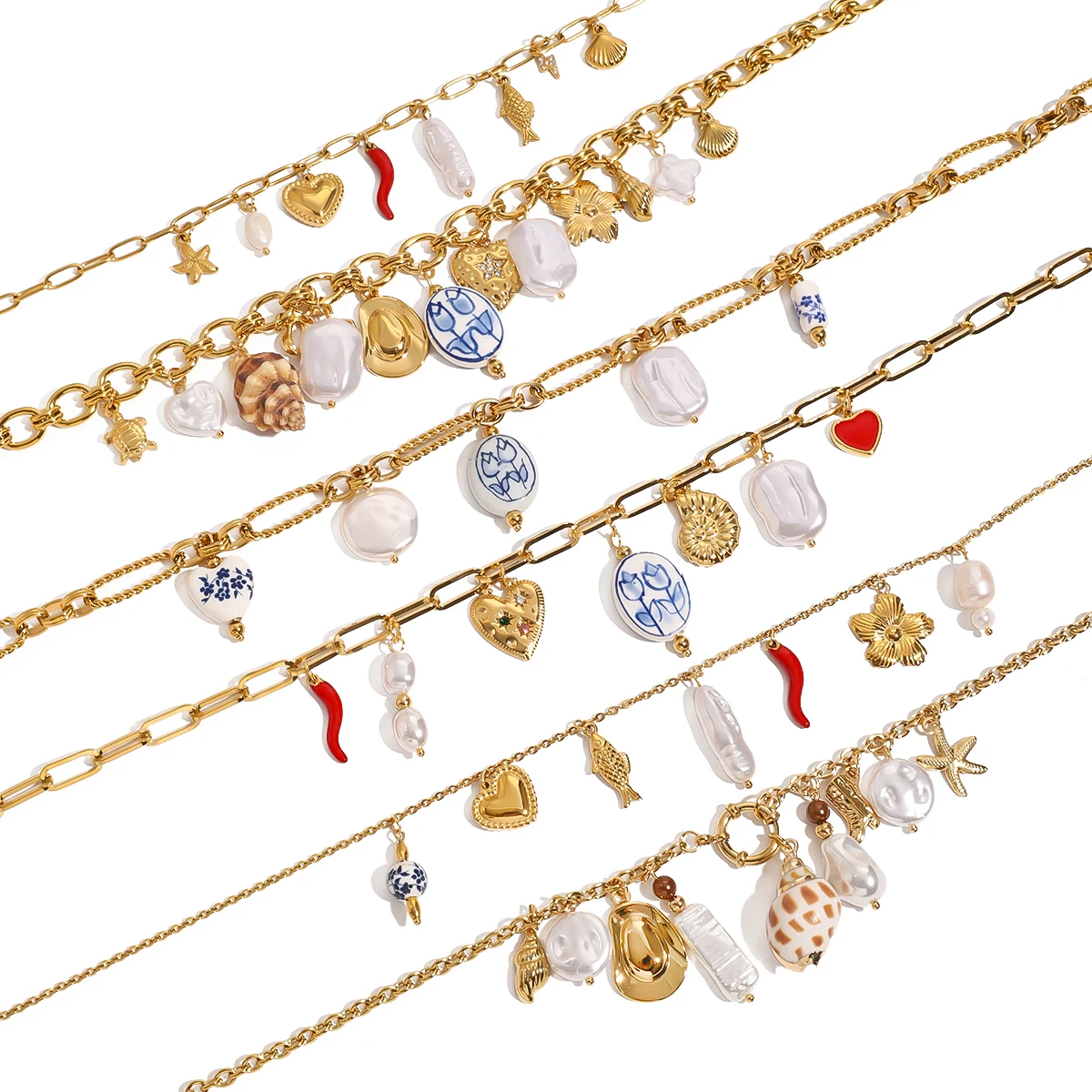 J&D Summer Ocean Style 18K Gold Stainless Steel DIY Shell Ceramic Coral Starfish Pearl Charms Necklaces
