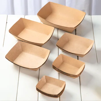 FH Disposable Paper Food Tray Kraft Paper Boat Tray for Sushi Desserts