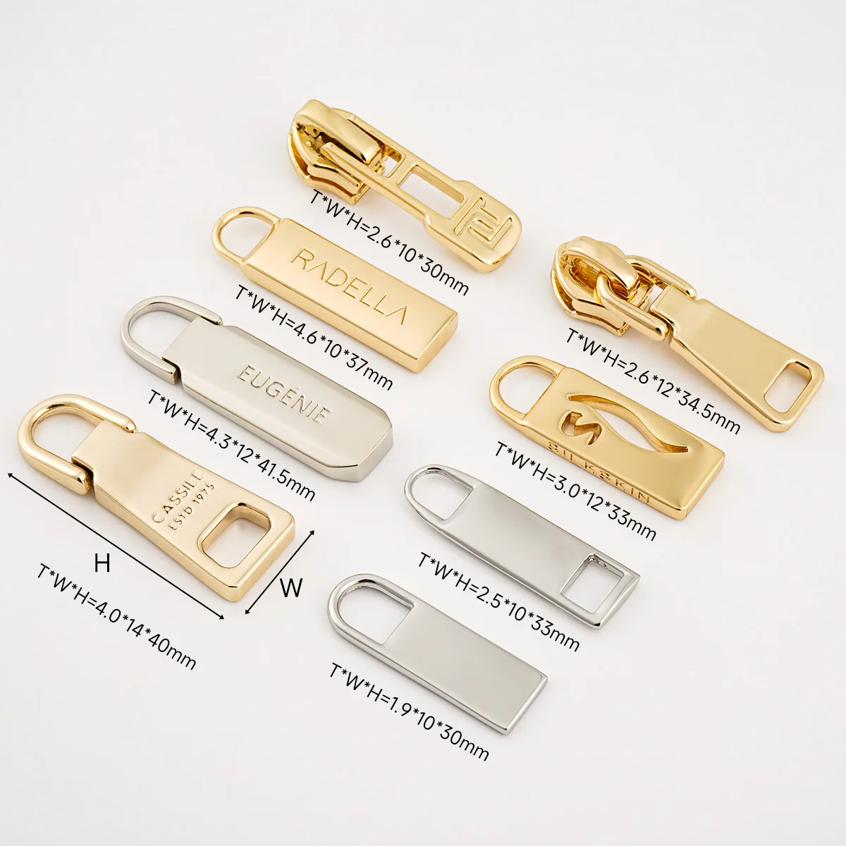 5# Laser Logo Gold Metal Zipper Slider Pull for Bags, Handbags