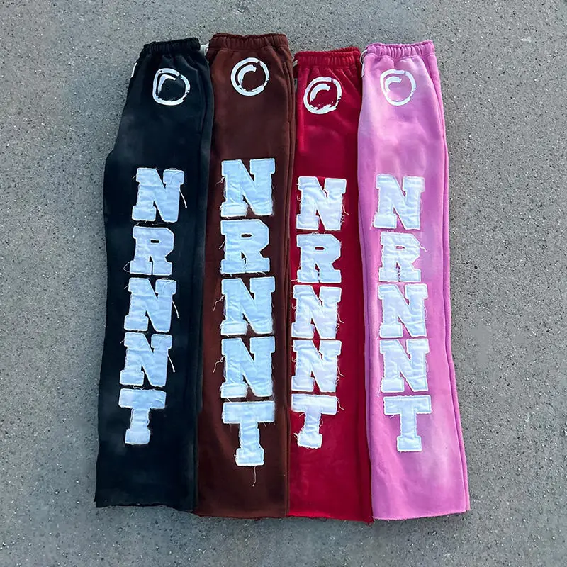 Custom Flared Joggers Applique Graphic Embroidered Patches Stacked Flare Baggy Sweatpants Acid Wash Jogger Men Flared Pants gallery 3