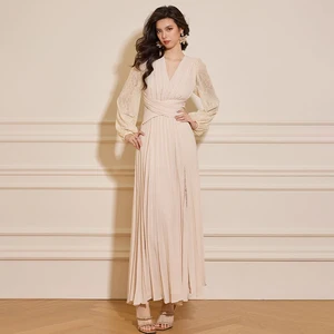 ZYHT 73921 Women Lady Clothes Manufacturer Factory Long Sleeve Lace Chiffon Pleat V Neck Cross Waist Line Maxi Dress