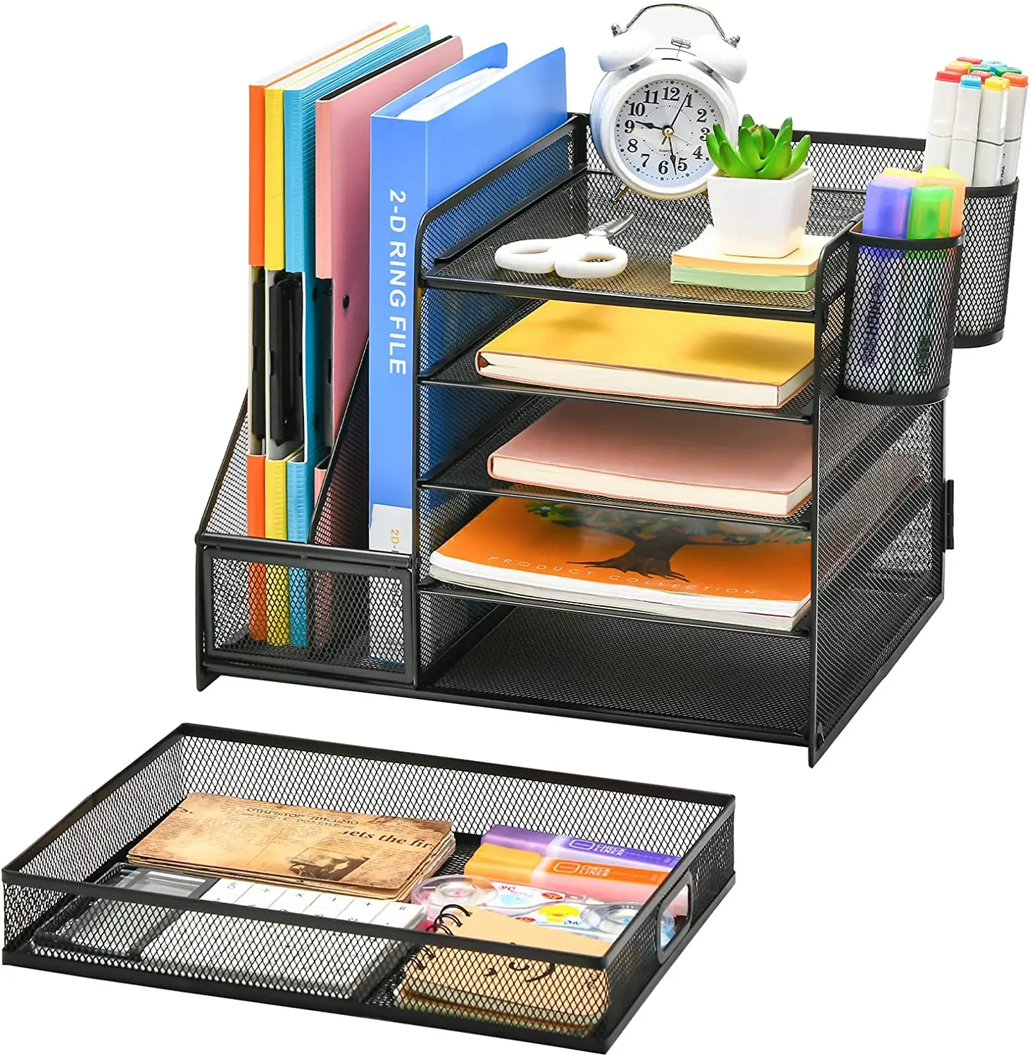 Organizador de archivos de escritorio de 5 bandejas con cajón y soportes  para bolígrafos, bandeja de papel para cartas de malla, suministros de