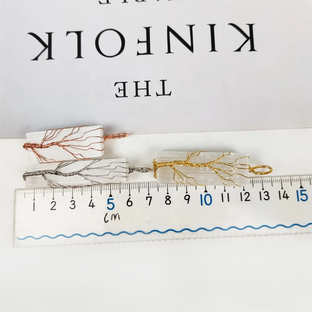 Classic Handmade Wire Wrapped Tree of Life Charm Natural Selenite Stick Pendant Necklace Gold Silver Plating Gypsum Jewelry