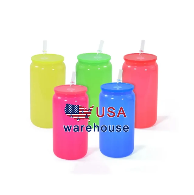 USA warehouse quality bright neon color 16oz soda glass can sublimation uvdtf beer glass cup with colorful lids 25pcs/case