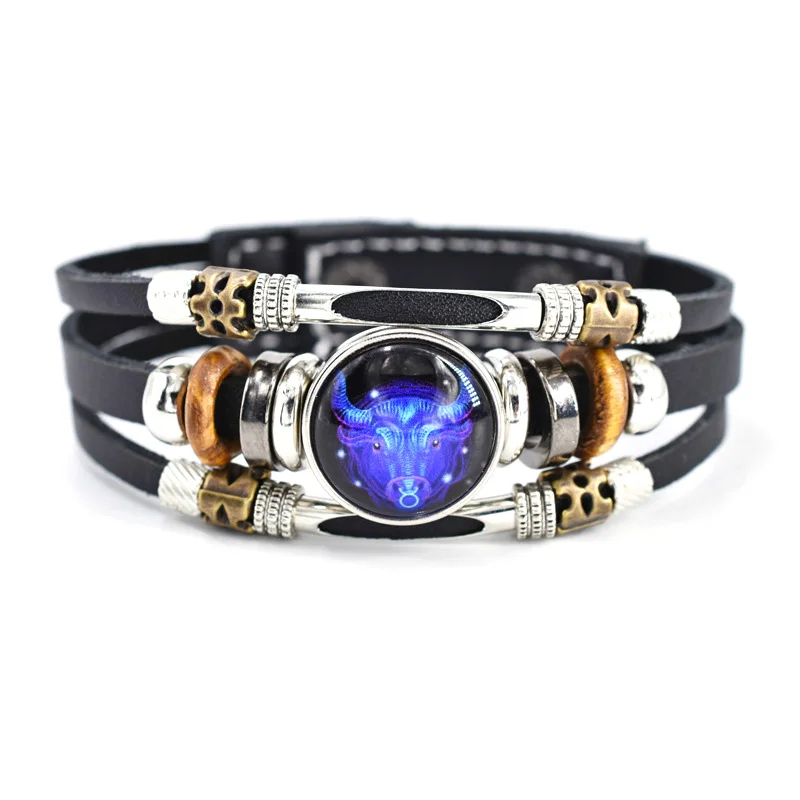 Three Layer Button 12 Horoscope Symbol Pattern Leather Weaving Adjustable Bracelet for Teenager ZU035