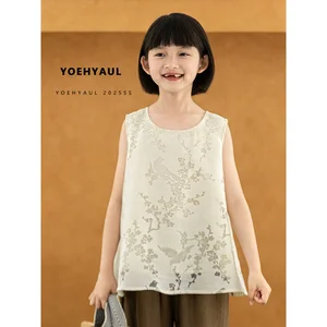 YOEHYAUL CD1927 100% Cotton Lining Jacquard Teen Girls Blouse Top for Girl 12 Years Sleeveless Custom T-shirt Children Big Kids