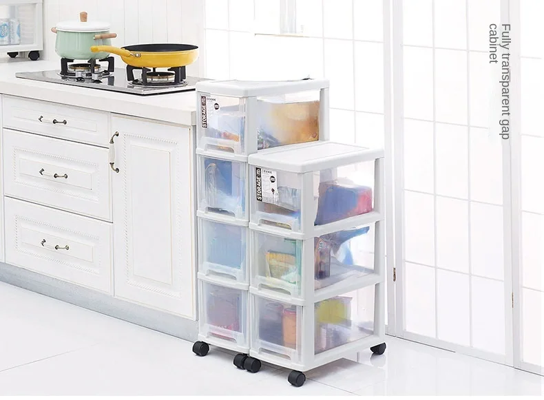 1pc Waterproof Slim Storage Cabinet with Wheels - Transparent Drawer Type  Gap Rack for Bathroom Organization and Movement