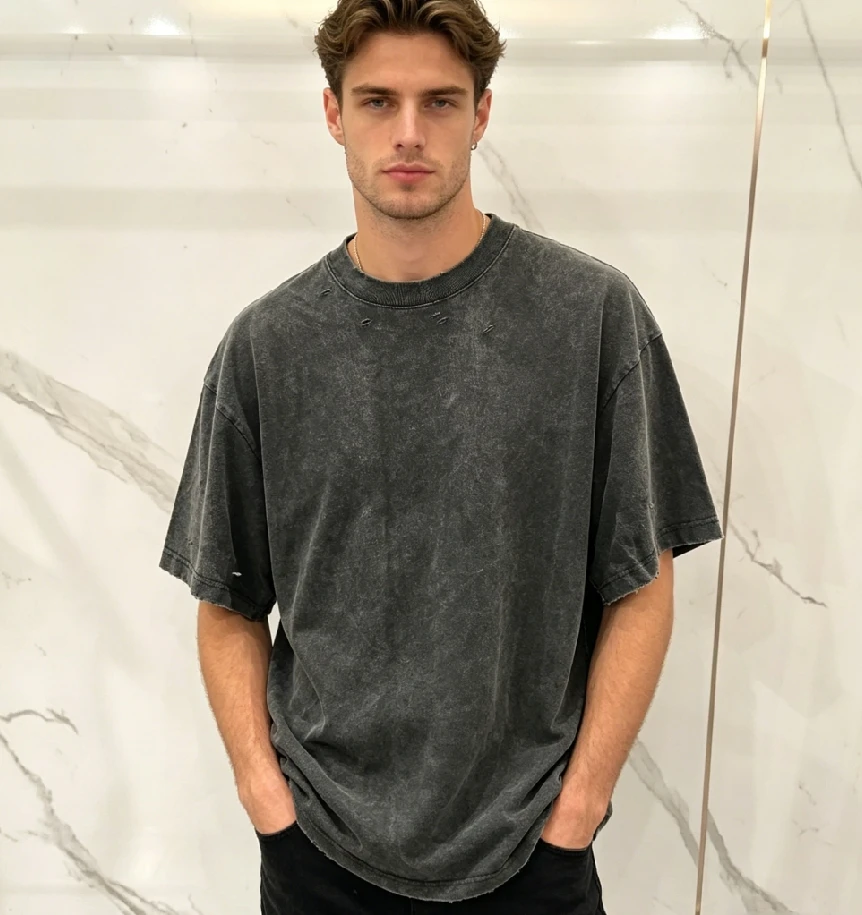 Heavyweight French Terry Oversized Printed Graphic T-shirts Custom Cropped Rhinestone Acid Wash Boxy t Shirt Men