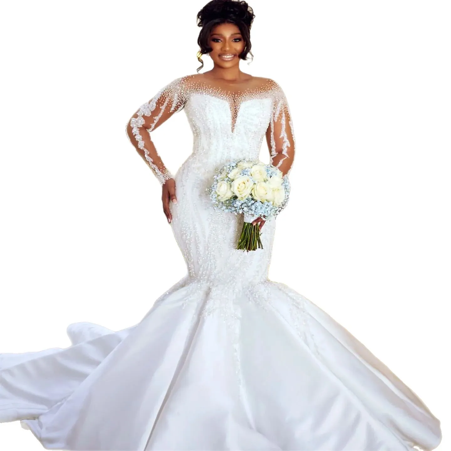 S1461L 2026 French One-shoulder Diamond Lace Long-sleeved Mermaid Tail  High-end Temperament Wedding Dress