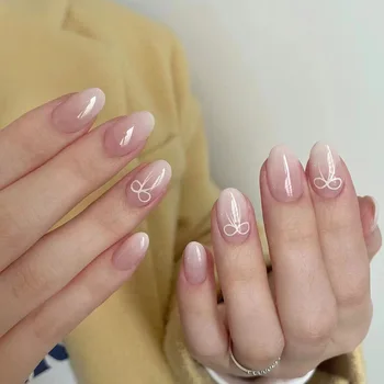 24pcs/set High quality French pink and white bow Design Nails Press  nails tipc curve elegant design press on nails
