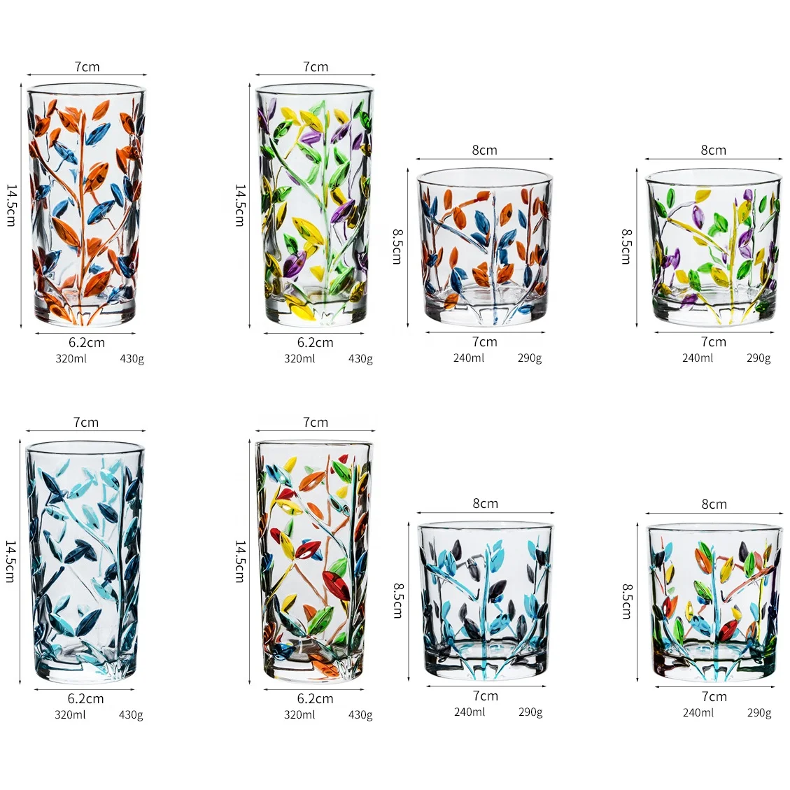 Creative Hand Painted Colorful Leaf Twig Embossed Mouth Blown Classic Highball Glasses Tall Beverage Cups