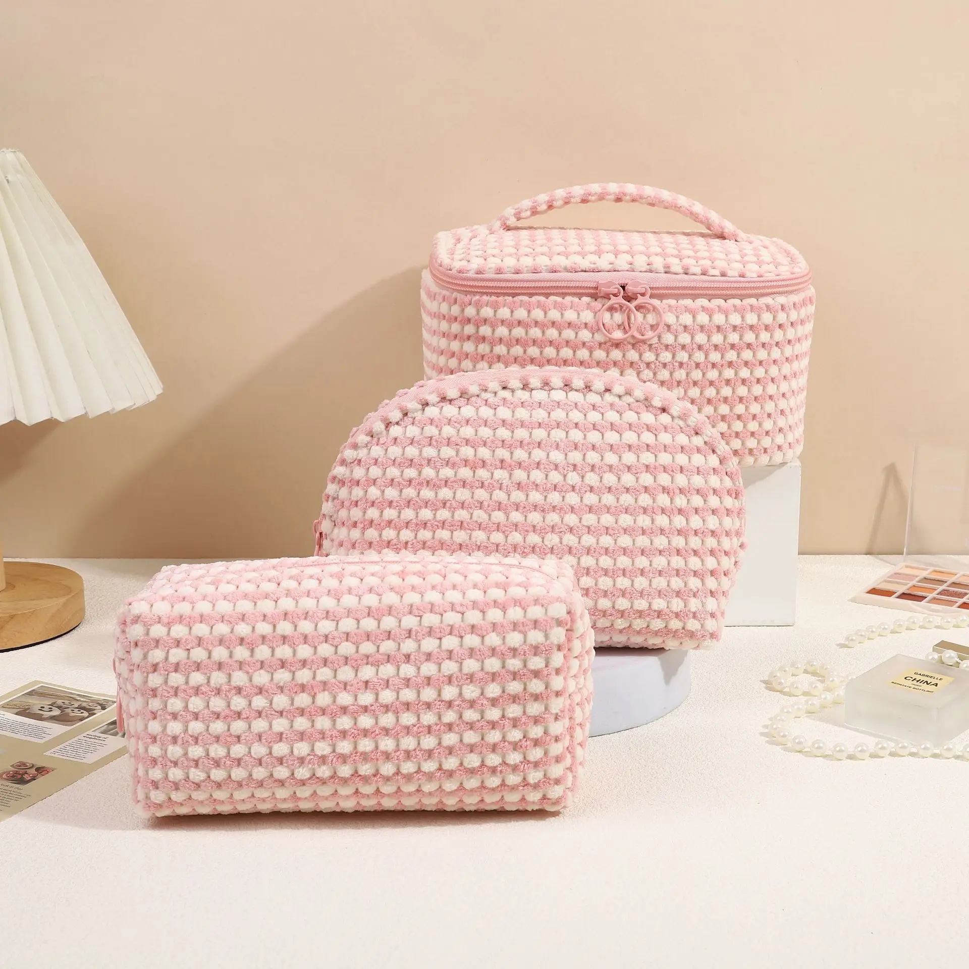 3 Piece Set Plaid Chess Macarons Soft Plush Flannel Travel Cosmetic