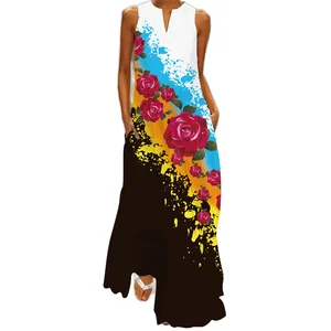 Customize Summer Floral Print Maxi Dress Casual Plus Size V-Neck Sleeveless Pockets Loose Fit Empire for Vacations ODM Worst
