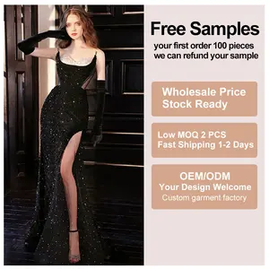 Wholesale Custom High Quality Suspender Sexy Sequins Starlight Black Slit Sexy Fishtail Temperament Evening Dress