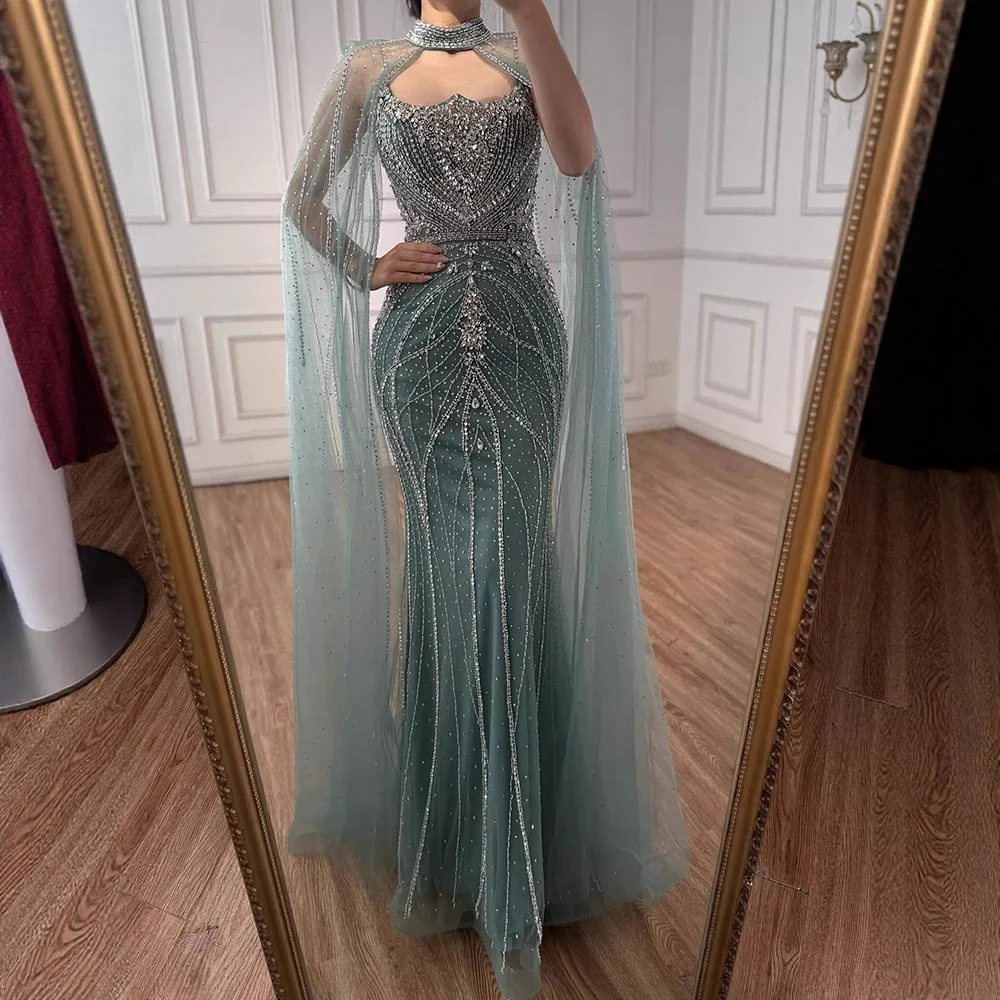 dubai designer dresses Luxury Dubai Sage Green Evening Dresses with Cape SS238