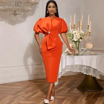 AM050114 Summer Short Puff Sleeve Big Bow Sequins Bodycon Orange Midi Women Formal Evening Party Dress Elegant