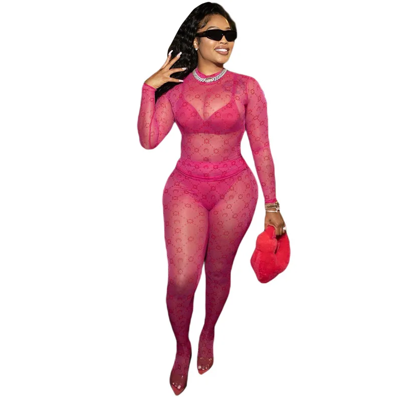 2022 Mesh See Through Slim Two Piece Sets Long Sleeve O Neck Top Pants Sexy Summer Womens 2 Piece Sets